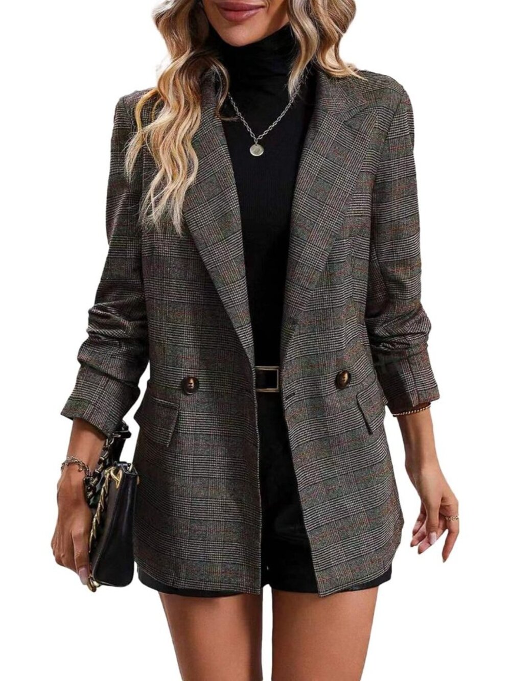 〽️Women's Black Plaid Houndstooth Business Casual Work Cowl Neck Blazer Jacket